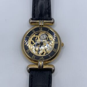 LA Express Ladies Watch Gold Skeleton-Look Dial Black Genuine Leather Strap